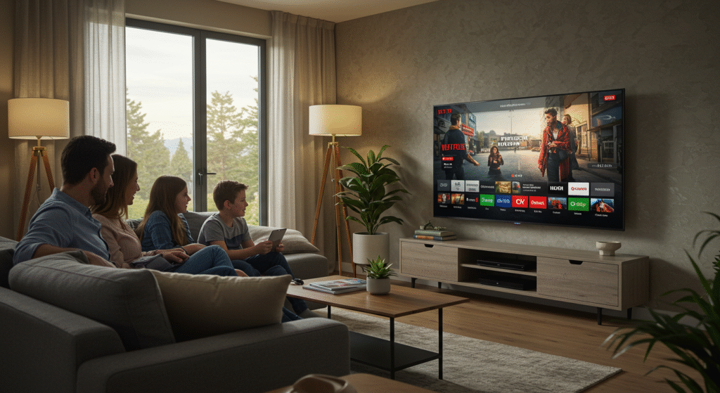 Modern living room with Apollo IPTV streaming on smart TV