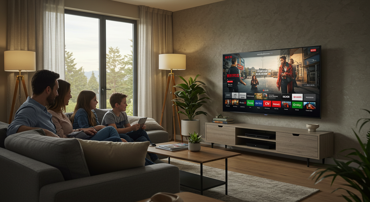 Modern living room with Apollo IPTV streaming on smart TV