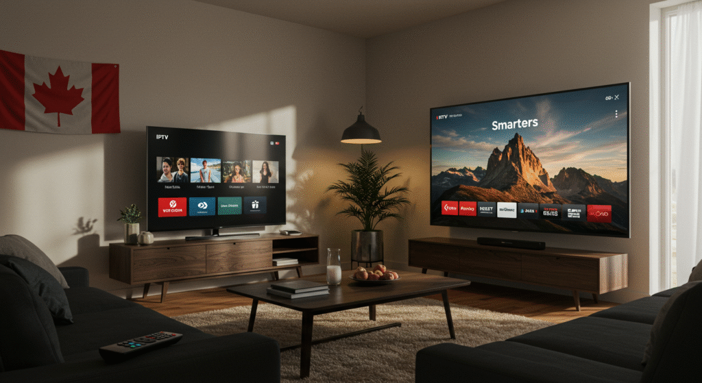 Modern living room setup showing IPTV Smarters interface on large screen TV
