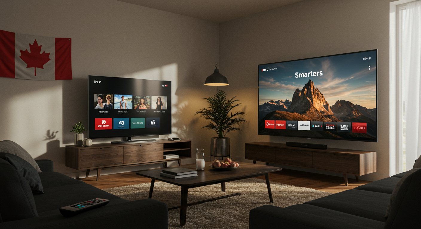 Modern living room setup showing IPTV Smarters interface on large screen TV