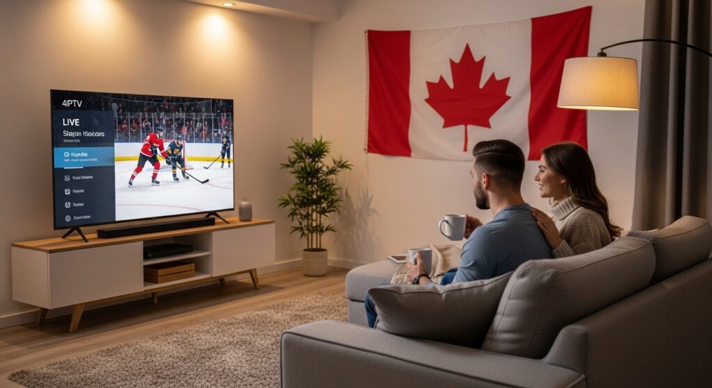 Couple streaming on a smart TV using a top rated IPTV service in Canada